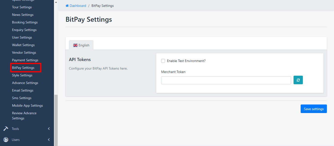 BitPay Settings Page