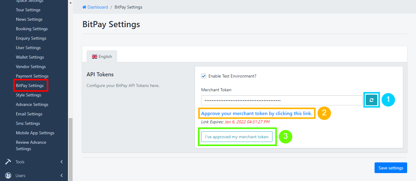 BitPay Settings Tab - Merchant Token